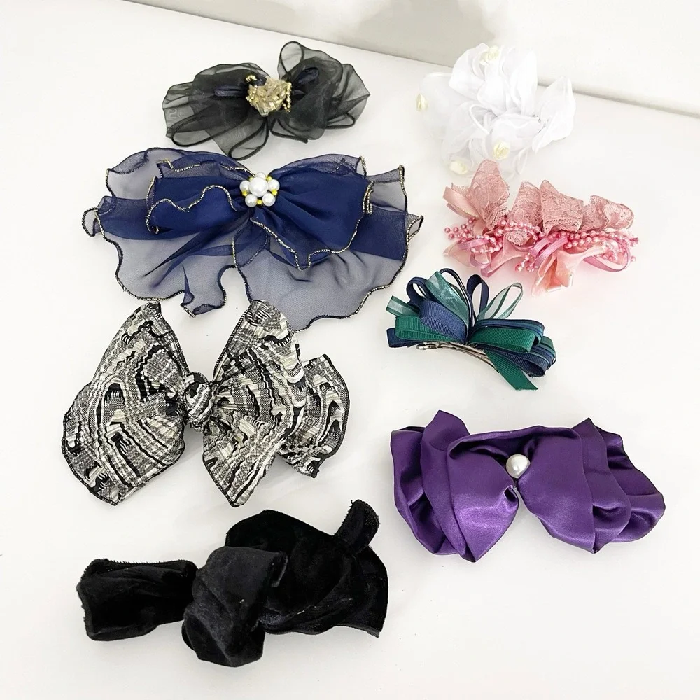Lot of 8 Vintage Bow Barrettes Chiffon Pearl 80s 90s Victorian Cottagecore Fairy